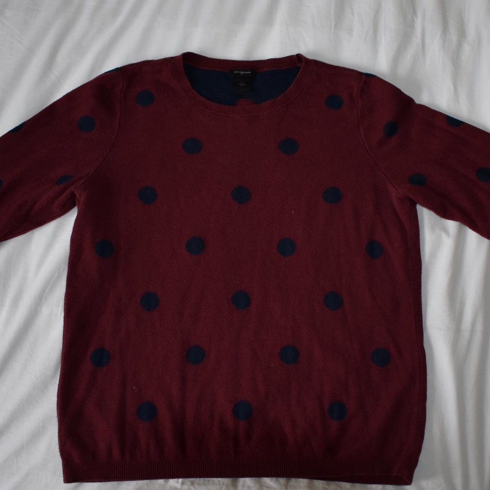Ann Taylor Navy and Burgundy Polka Dot Sweater